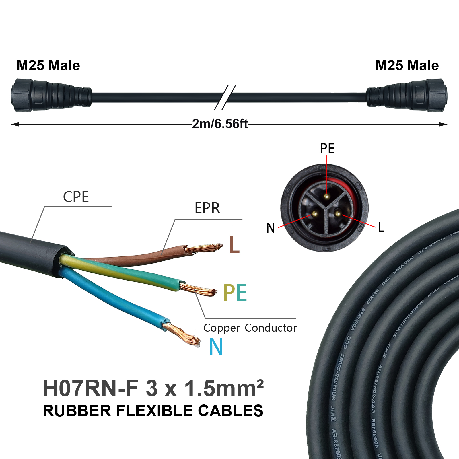 M25 AC Cable 2M for WVC 600/70 - Outdoor Lighting Extension Cable avaliação e preço